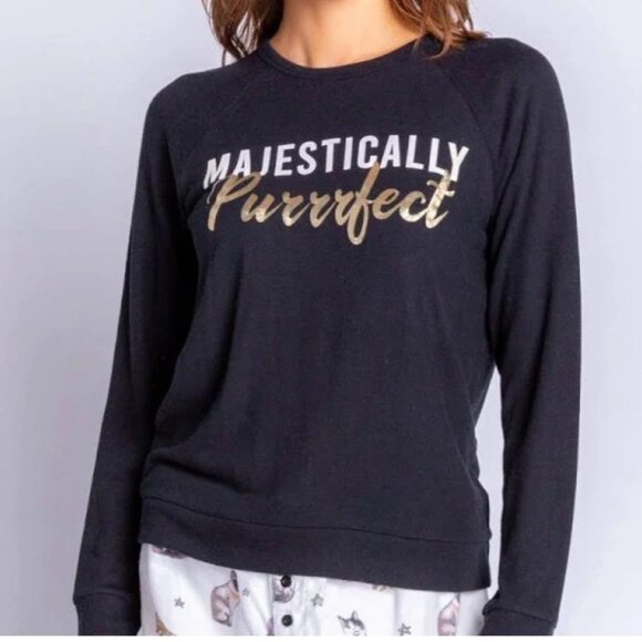PJ Salvage Long Sleeve Crew Neck Majestically Purrrfect Lounge Sleep Top - Black - Picture 10 of 10